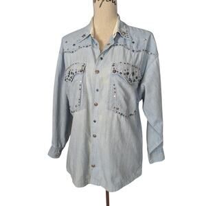 90s Vintage Embellished Denim Snap Button Up Shirt Light Wash Size Small